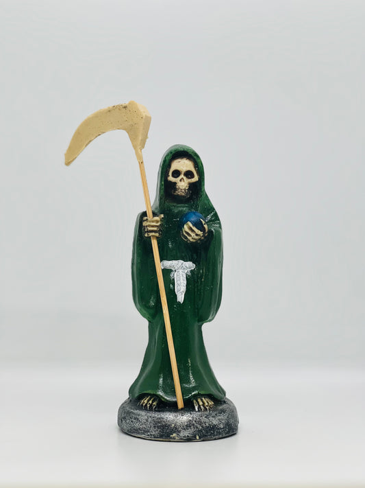 Santa Muerte Green Robe Statue 7 inches