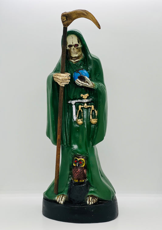 Santa Muerte Green Robe Statue 12"