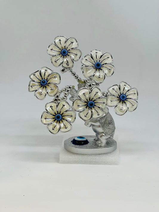 Silver Evil Eye Bonsai tree with Elephant and White Flowers 5"